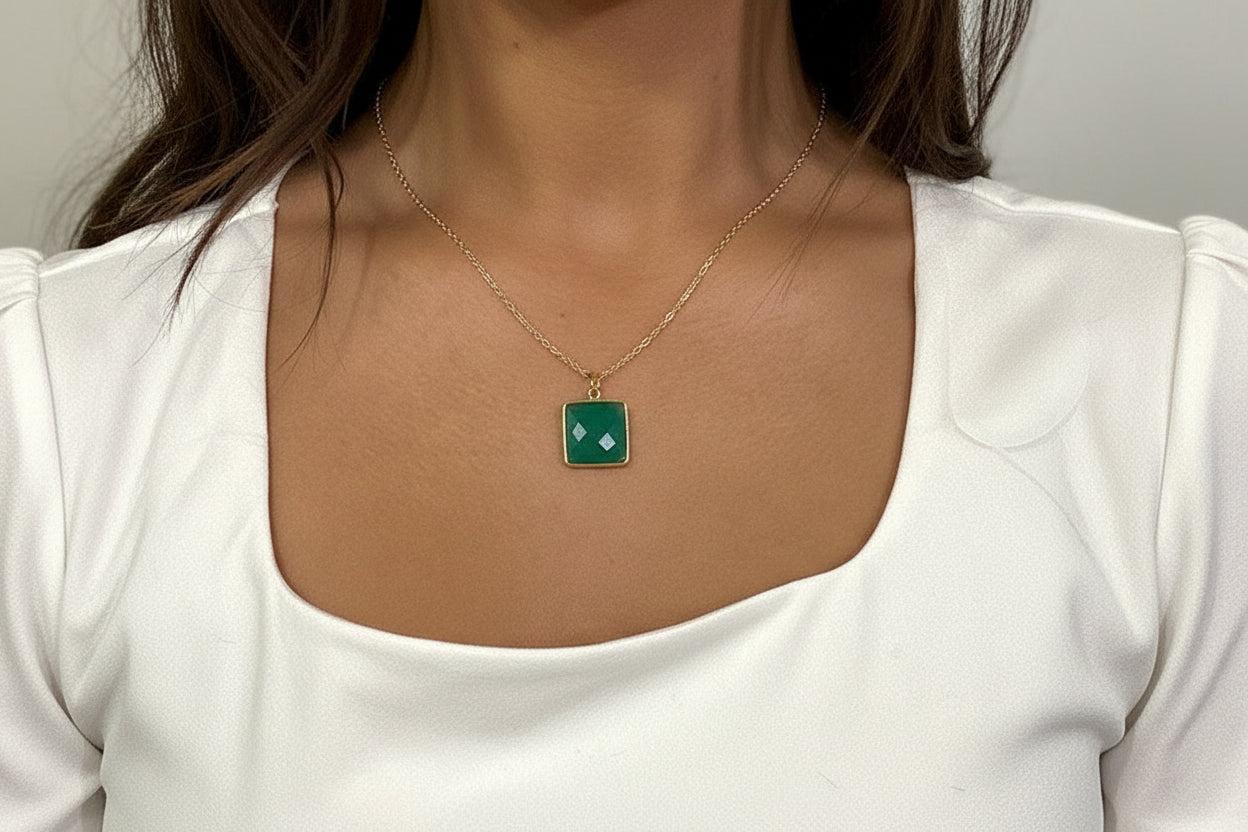 Green Onyx Stone on adjustable gold-plated chain (16"-18")