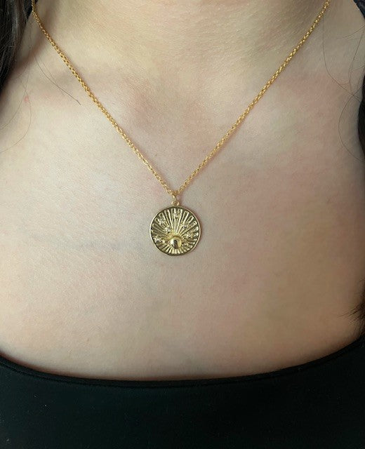 Saturn and stars necklace on gold-plated 18" chain