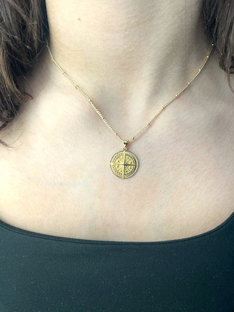 Compass necklace on gold-plated 16" dot chain