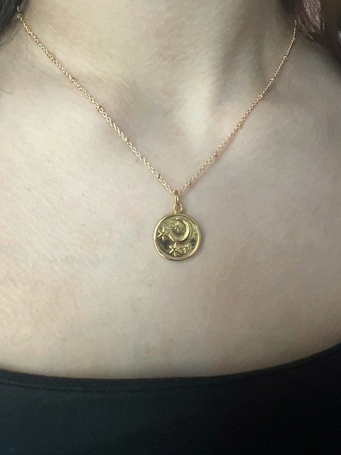 Moon and Stars pendant on gold-plated 18" dot chain