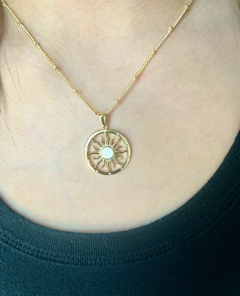 Sunburst with opal stone necklace on gold-plated 16" dot chain